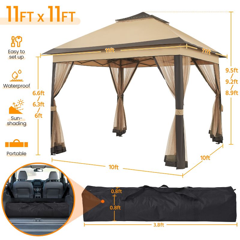 Yaheetech 11×11 FT Adjustable Pop-Up Gazebo Tent with Carry Bag & Sandbags & Guy Lines & Ground Stakes, 3 of 8