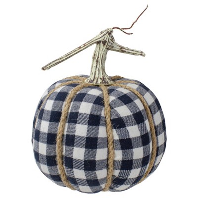 Northlight Plaid Fall Harvest Pumpkin with Weathered Stem - 7.75" - Dark Blue and White