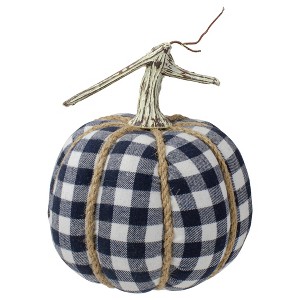 Northlight Plaid Fall Harvest Pumpkin with Weathered Stem - 7.75" - Dark Blue and White - 1 of 4