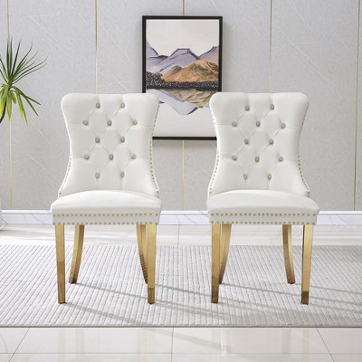Akoasm Morden 2 Pieces Velvet Kitchen Dinning Chairs With Gold Mirror Legs-White