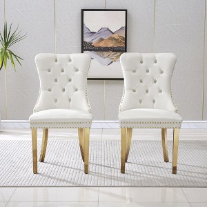 Akoasm Morden 2 Pieces Velvet Kitchen Dinning Chairs With Gold Mirror Legs-White - 1 of 4