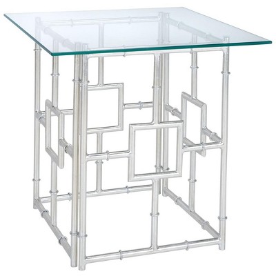 Transitional Silver Leaf Faux Bamboo 22" Square Metal & Wood Accent Table