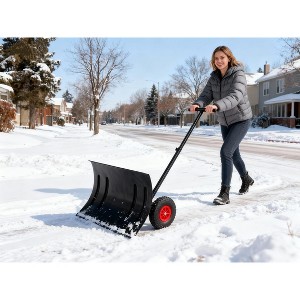 Snow Shovel Pusher for Driveway,Heavy Duty 2-Wheel Snow Shovel with Single Rod,29" Angled Blade Efficient Metal Snow Removal,Adjustable Height Handle - 1 of 4