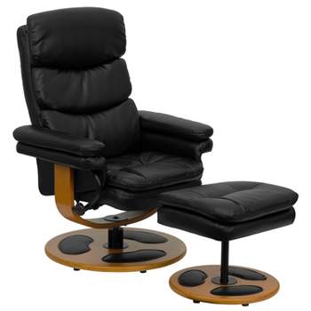 Flash Furniture Contemporary Multi-Position Recliner and Ottoman with Wood Base in Black LeatherSoft