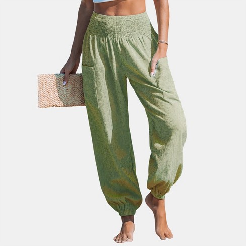 Women s Green Striped Smocked Waist Patch Pocket Pants Cupshe Target
