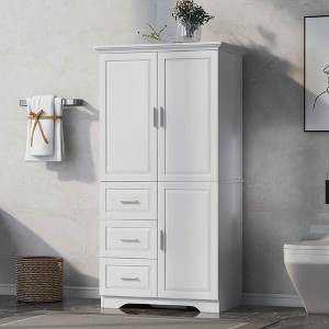 MAYEERTY White Tall Wide Storage Cabinet with Doors 3 Drawers for Bathroom Office - 1 of 4