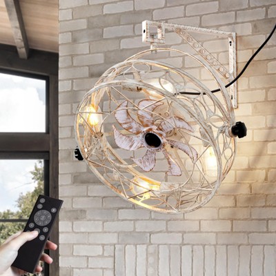 Ludomide 21" White Wall Mounted Fan with Lights and Remote, 360°Rotation Timable Caged Wall Ceiling Fan, 6-Speed Reversible Hanging Fan