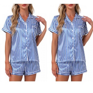 INSPIRE CHIC Women's 4 Pcs Striped Silky Satin Sleepwear Button-Up Shirt & Shorts 2025 Lounge Set - 1 of 4