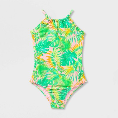 Cat & Jack Girls' Palms Leaves One Piece Swimsuit - Cat & Jack™ Green/Pink M — фото 2