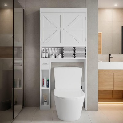 INFURNIC Decorative Storage Cabinets Over The Toilet Storage Rack with 2 Doors and Open Shelf for Bathroom Organization, White, 32.28"*7.87"*70.2"