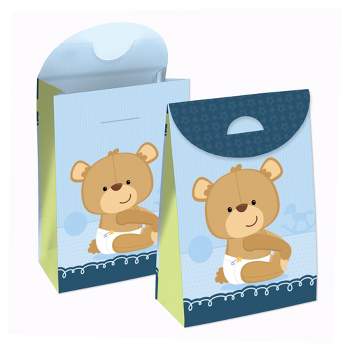 Big Dot of Happiness Baby Boy Teddy Bear - Baby Shower Gift Favor Bags - Party Goodie Boxes - Set of 12