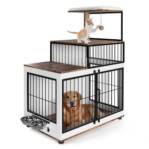 COZONY 52" Tall 2-in-1 Dog Crate Furniture with Cat Tower & Shelves — Wood & Metal Pet Cage with Bowls for Climbing, Playing & Sleeping, White - 1 of 4