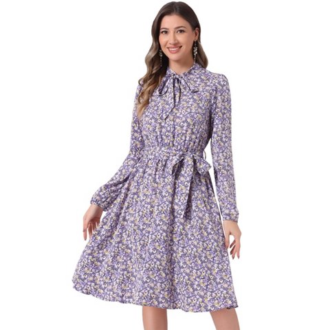 Женские платья INSPIRE CHIC Women's Tie Neck Chiffon Long Sleeves Vintage Belted Floral Dress Large Purples