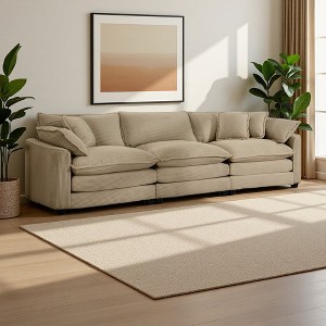 3-Seater Corduroy Mid-Century Sofa with Arm & Throw Pillows - 1 of 4