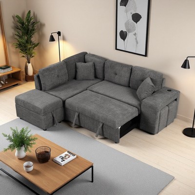 87.7" L-Shaped Convertible Sectional Sofa Bed with Wireless Charging