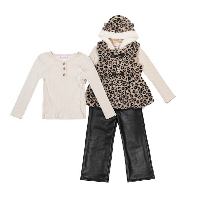 Little Lass Baby Girls 3 Piece Faux Fur Vest & Coordinated Outfit, Black