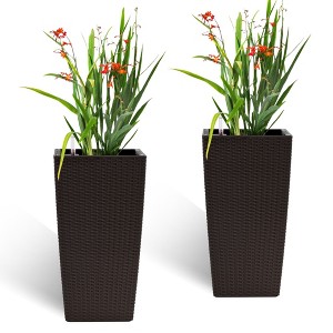 Kumasinova Set of 2 Square Planter Indoor Outdoor,22" High Faux Rattan Flower Pot with Automatic Watering System for Porch,Patio,Backyard - 1 of 4
