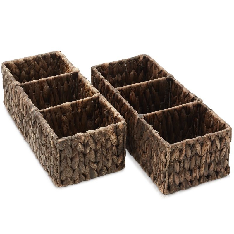 Casafield Set of 2 Water Hyacinth Storage Baskets, Espresso - Divided Woven Organizer Bins for Bathroom, Laundry, Pantry, Office, Shelves, 2 of 7