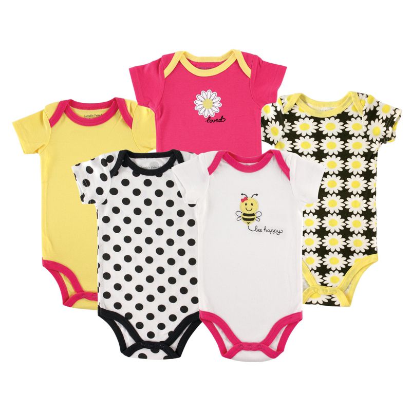 Luvable Friends Baby Girl Cotton Bodysuits 5pk, Bee, 1 of 3