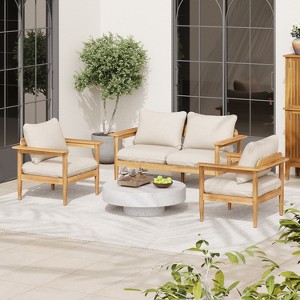 Christopher Knight Home Kara 3 Piece Patio Rustic Upholstered Acacia Wood Loveseat and Accent Chair Chat Set - 1 of 4