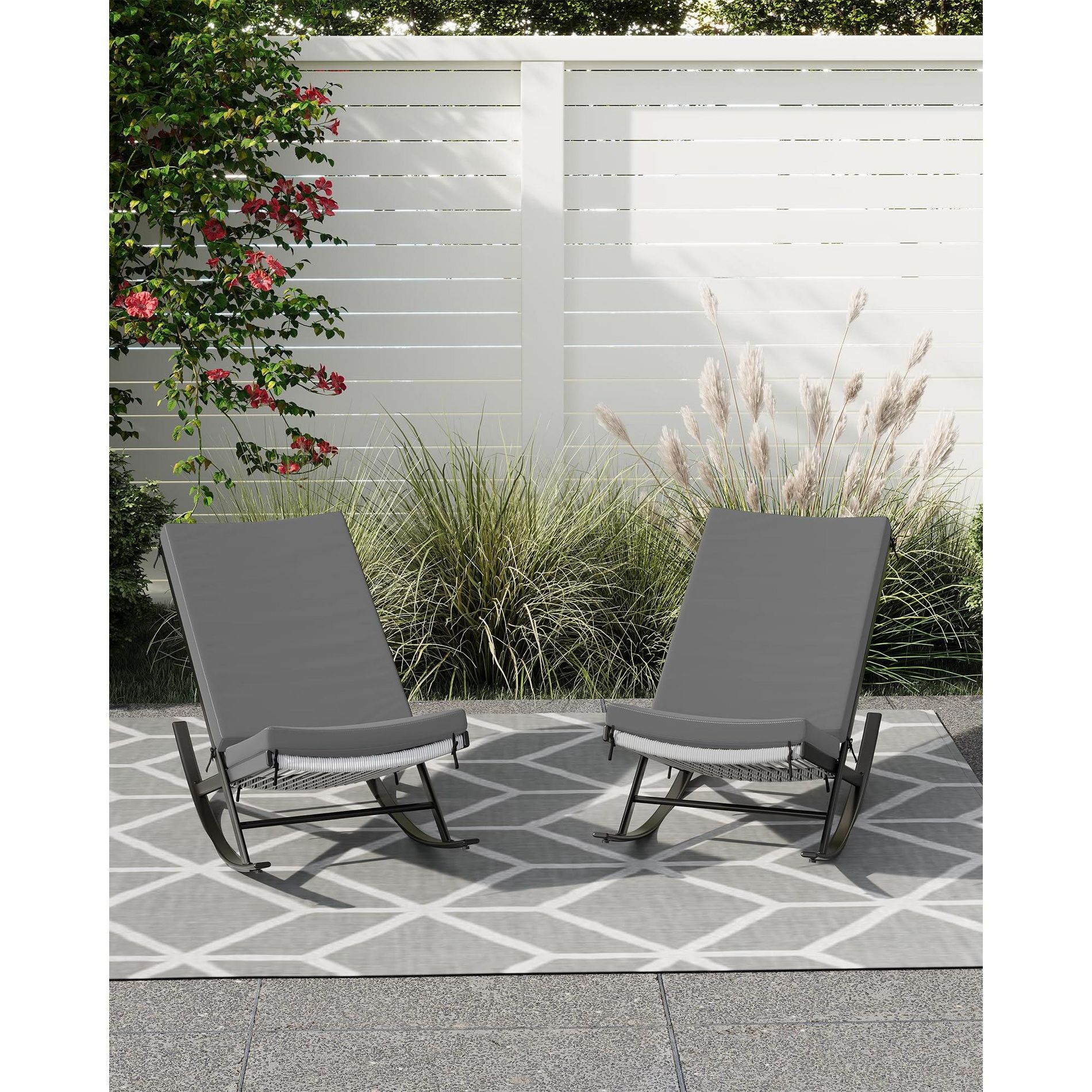 Metal Outdoor Rocking Chairs Set of 2, Lounge Rocker Chair With Padded Cushion, Rattan Seat, Lounge Chaise Chair for Garden, Backyard, Patio