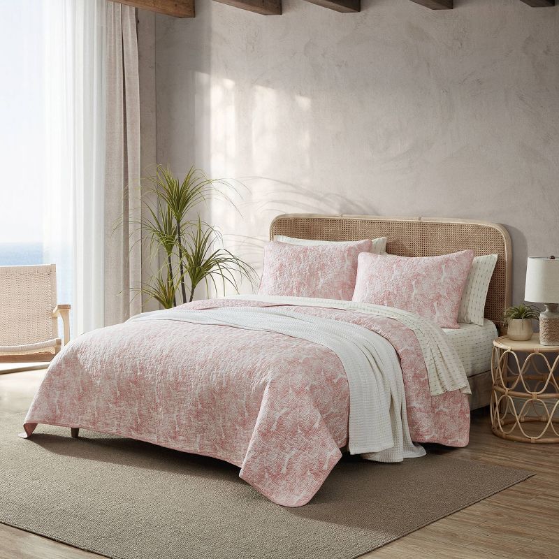 Tommy Bahama 3pc Full/Queen Distressed Water Leaves Cotton Quilt Set Pink Coral, 2 of 8