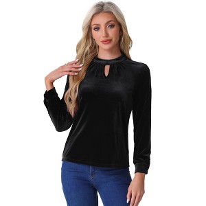 Allegra K Women's Velvet Stand Collar Long Sleeve Elegant Casual Blouse - 1 of 4