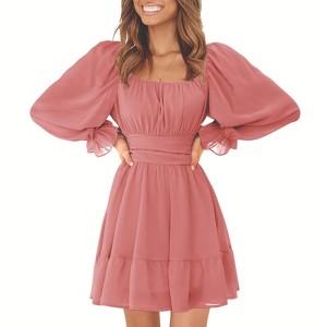 EXLURA Women's 2025 Casual Long Lantern Sleeve Dresses Square Neck Ruffle Tie Back Elastic Waist Aline Short Mini Dress - 1 of 4