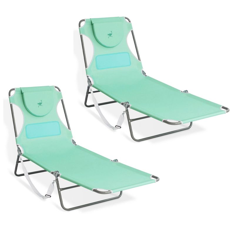 Ostrich Chaise Lounge Outdoor Lightweight Folding Adjustable Reclining Beach Chair for Tanning Pool Lake Patio Lawn Camping, Teal (2 Pack), 1 of 7
