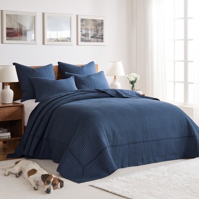 Navy Cotton Twin Reversible Cross Stitch Bedspread Set