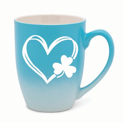 Elanze Designs Heart Outline With Three Leaf Clover Two Toned Ombre Matte 10 ounce New Bone China Coffee Tea Cup Mug, Teal and White