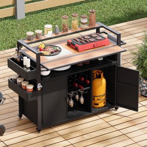 Nestfair 52.8" Wicker Grill Cart with Extended Plastic Wood Table Top and Lockable Wheels Black - 1 of 4