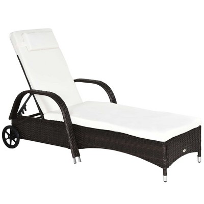 Outsunny Patio Wicker Chaise Lounge, PE Rattan Outdoor Lounge Chair with Cushion, Height Adjustable Backrest & Wheels