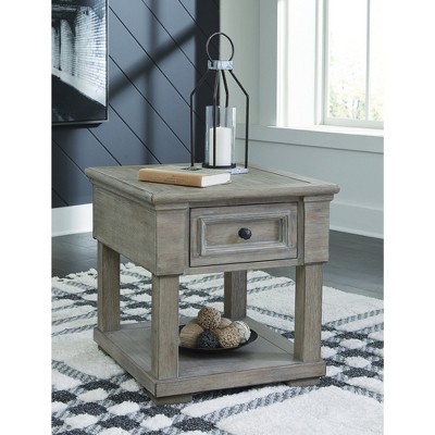 Beige Rectangular Wood End Table with Storage
