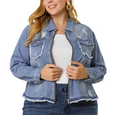 Agnes Orinda Women's Plus Size Denim Chest Pocket Frayed Hem Crop Jean Jackets