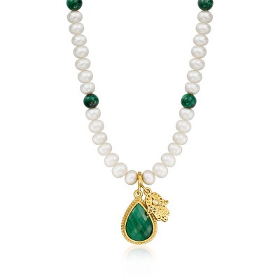 Ross-Simons Malachite and 5-5.5mm Cultured Pearl Hamsa Charm Necklace With Single White Zircon in 18kt Gold Over Sterling. 18 inches
