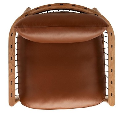 Caramel Brown Mid-Century Leather and Oak Armchair
