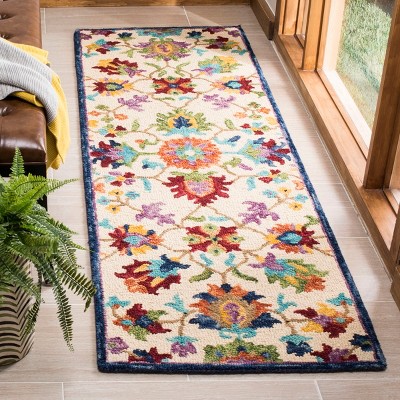 Aspen Blue and Ivory Floral Wool Runner Rug