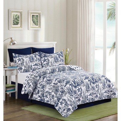 Reversible Blue Cotton King Coastal Quilt Set