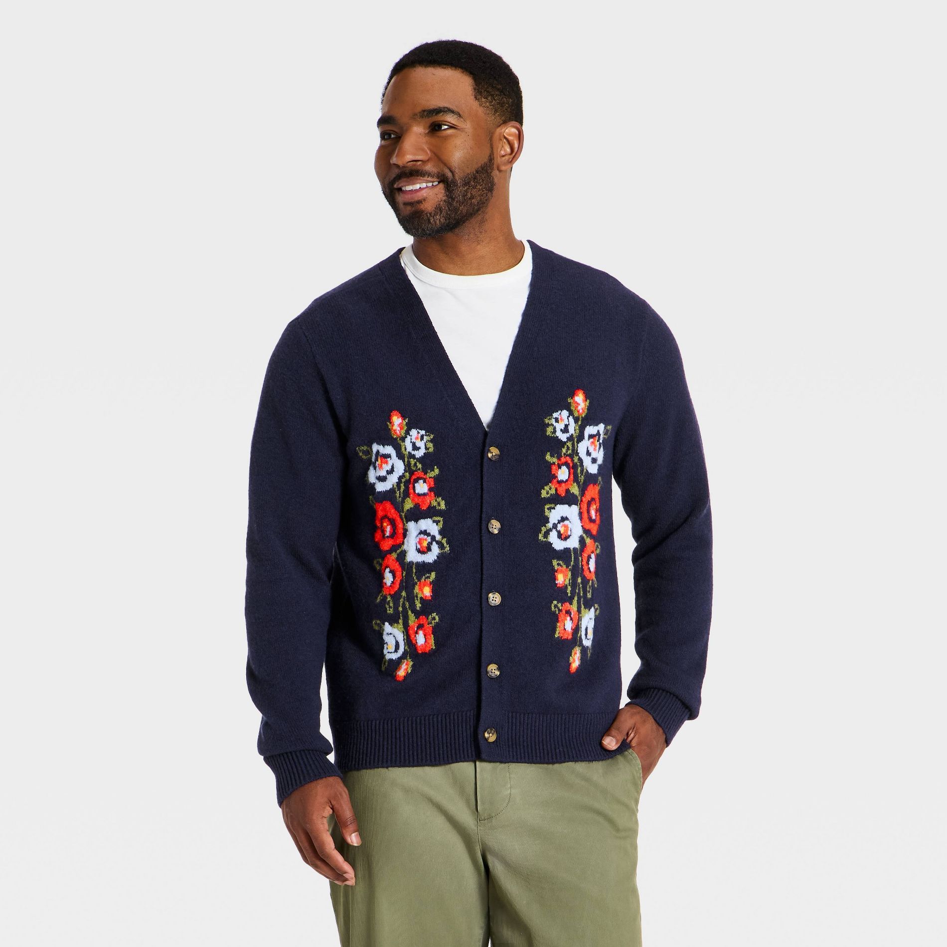 Men's Long Sleeve Floral Print Cardigan - Goodfellow & Co™ Navy Blue