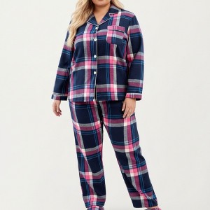 Anna-Kaci Lounge Women's PLus Size 2-Piece Set Plaid Flannel Pajamas with Button-Front Long Sleeve Top and Soft Relaxed Fit Pants - 1 of 4