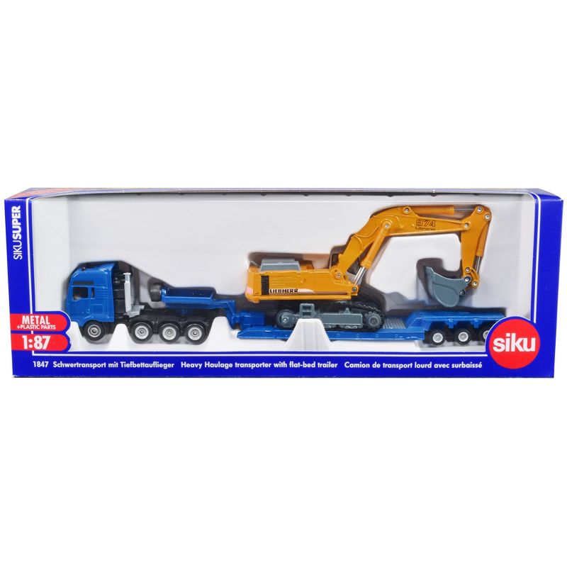 Heavy Haulage Flatbed Transporter Blue and Liebherr 974 Litronic Excavator Yellow 1/87 (HO) Diecast Models by Siku, 1 of 7