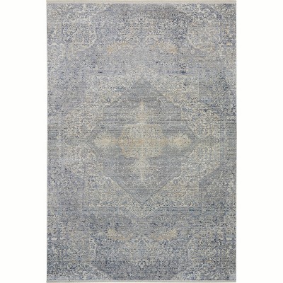 Elysian Medallion Hand-Knotted Wool and Silk Blend Area Rug, Blue and Cream