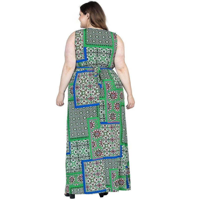 24seven Comfort Apparel Plus Size Green Scarf Print V Neck Empire Waist Sleeveless Maxi Dress, 3 of 7