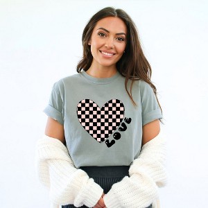 Simply Sage Market Women's Checkered Heart Black Short Sleeve Garment Dyed Tee - 1 of 4