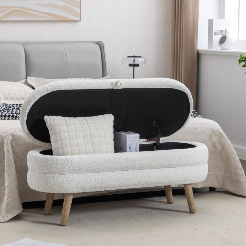 Boucle Storage Bedroom Bench,Indoor Oval Storage Bench with Solid Wood Legs-Maison Boucle, 4 of 10