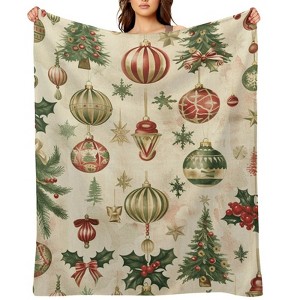 FIONECA Vintage Christmas Ornament Blanket with Tree Holly and Snowflake Design Warm Cozy Holiday Decor Throw 50x60 inches - 1 of 1