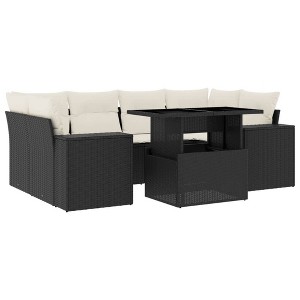 vidaXL Patio Sofa Set with Cushions Outdoor Furniture 7 Piece Poly Rattan - Black and Cream without Storage - 1 of 4
