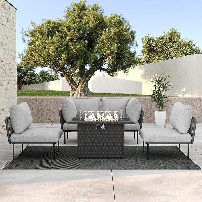 LayinSun 5 Pieces Rope Woven Patio Furniture Set, Modern Modular Sectional Sofa with Fire Pit Table and Upgrade Thickness Cushion