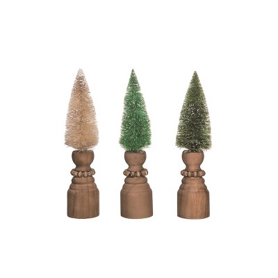 Transpac Pine Base Bottle Brush Trees Set of 3 Decorative Objects Tree Sculptures Wood Christmas Multicolored Tabletop Decor  Spot or Wipe Clean